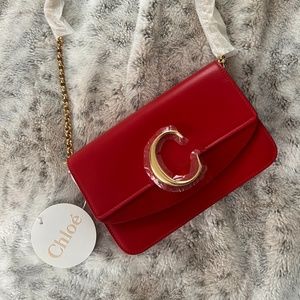 Calfskin Suede C Clutch With Chain Plaid Red